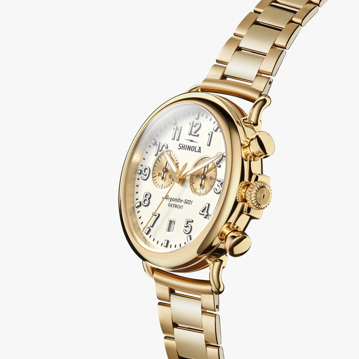 wide gold metal link bracelet watch, round white face with white hands