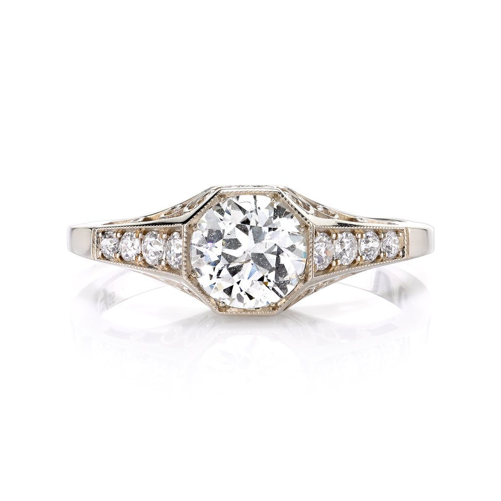 Single stone champagne gold ring with diamonds, front view