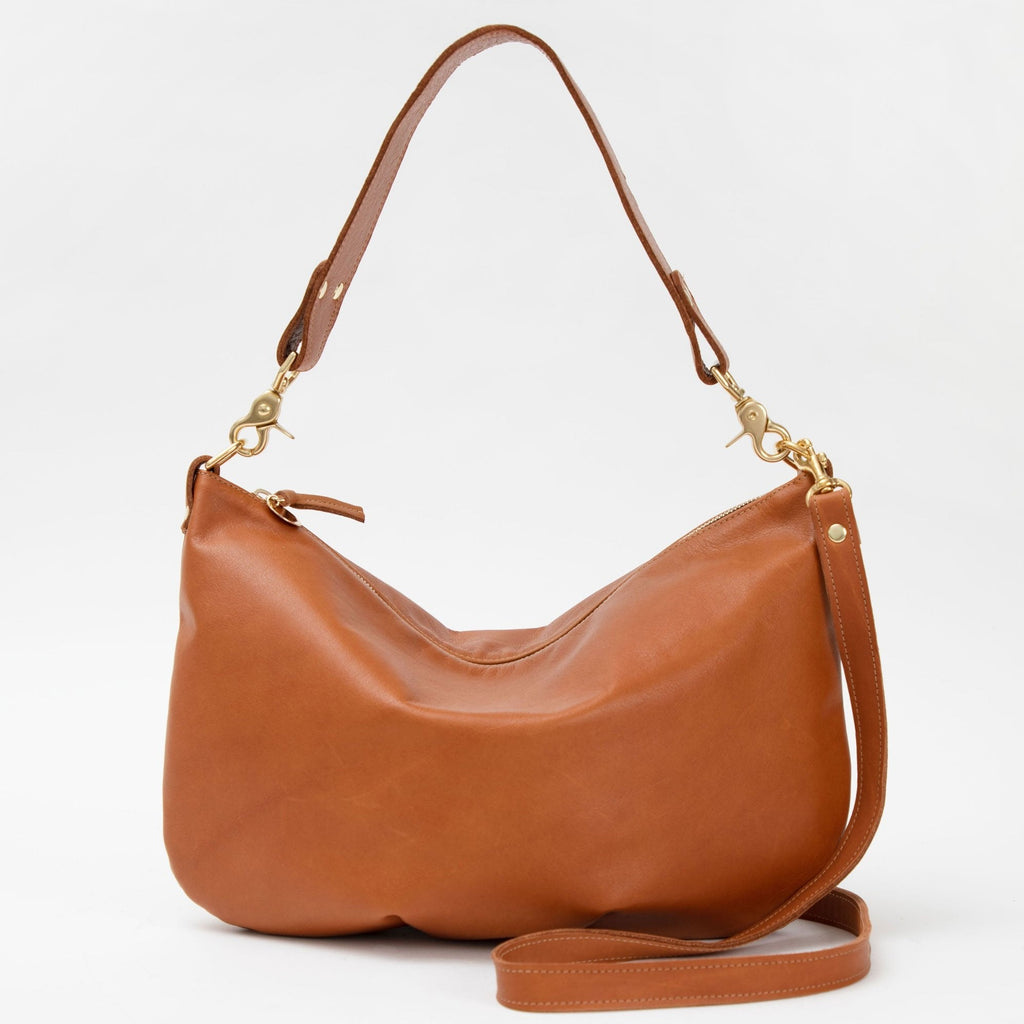 Clare V. tan leather messenger purse, front view