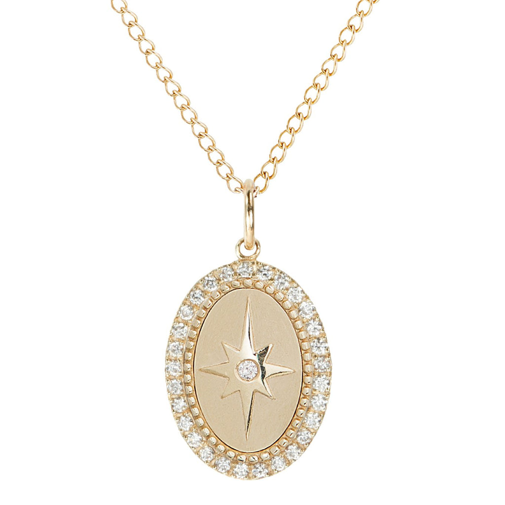 Zahava gold necklace with star pendant and pave diamonds, front view