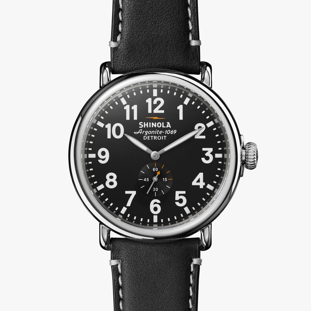 Shinola black face stainless steel watch black leather strap, front view