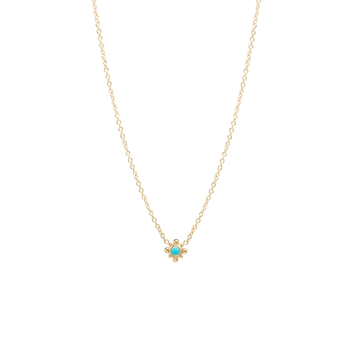 Zoe Chicco gold necklace with turquoise charm, front view
