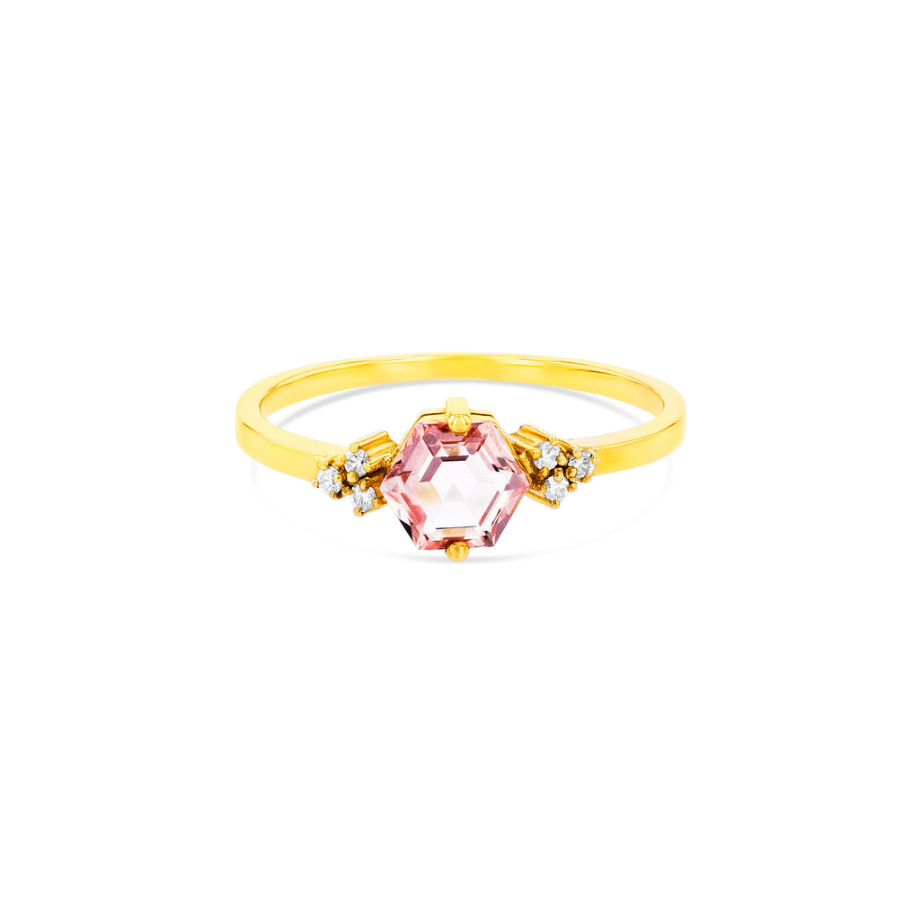 Suzanne Kalan gold ring with hexagon pink topaz and diamonds, front view