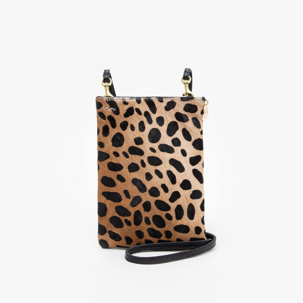Clare V. leopard and black leather pouch, front view