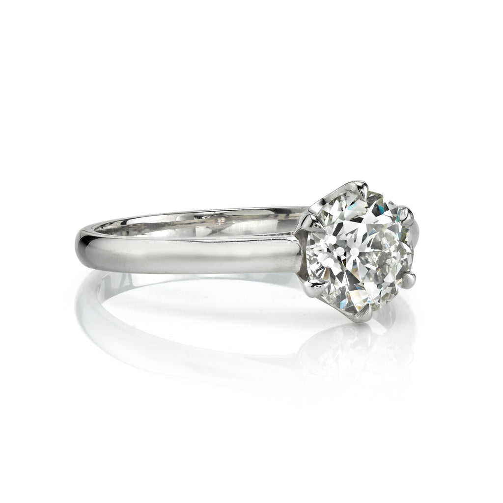 Single Stone platinum ring with diamond, angled front view