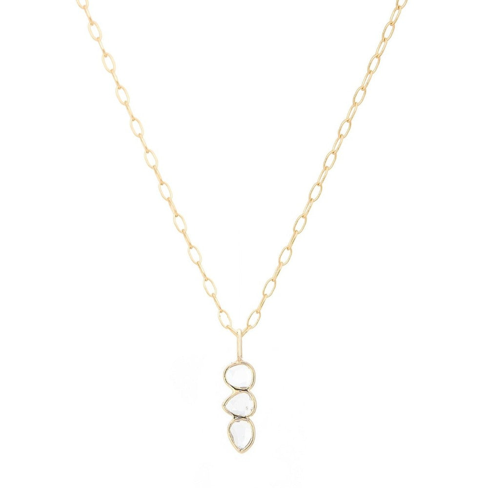 Celine D'aoust gold necklace with 3 diamond slices, front view