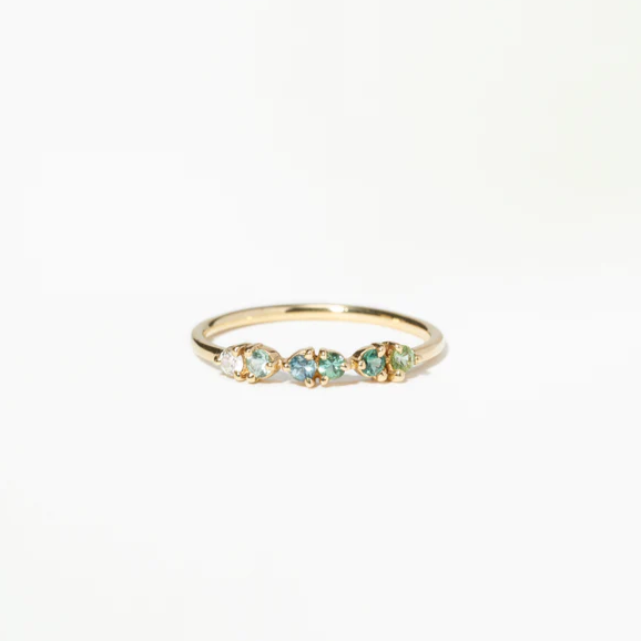 Wwake gold ring with diamond and tourmalines, front view