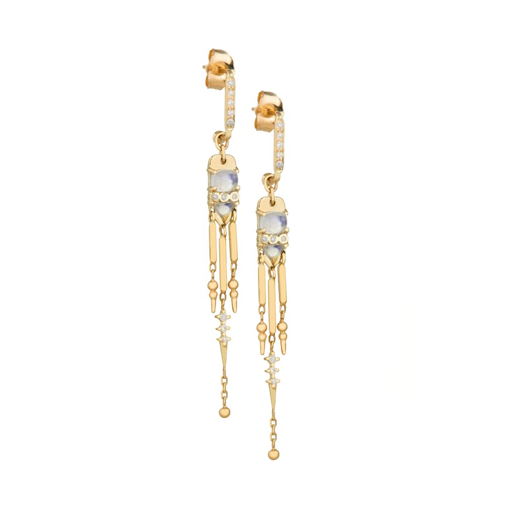 Celine D'aoust gold drop stud earrings with moonstone and diamonds, front view
