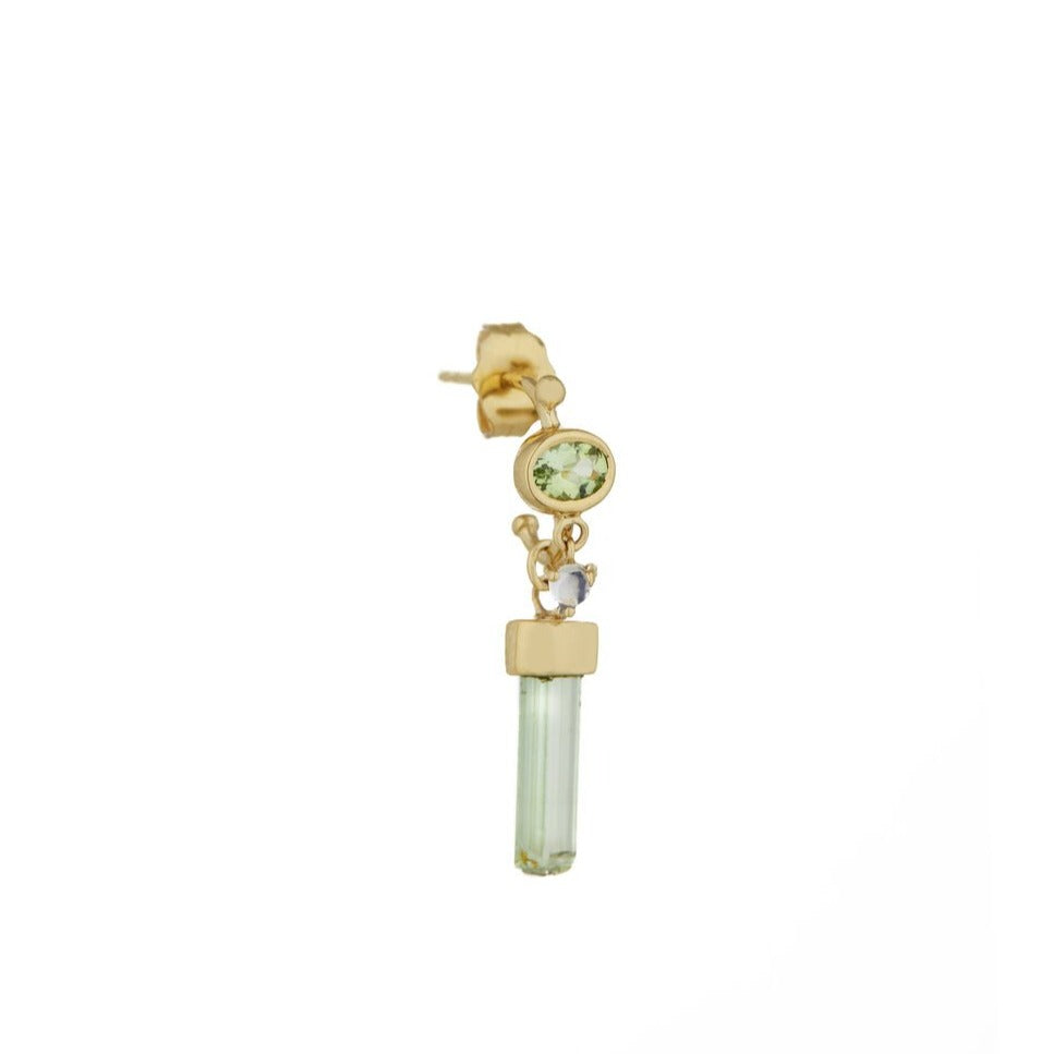Celine D'aoust gold stud earring with green tourmaline and moonstone, front view