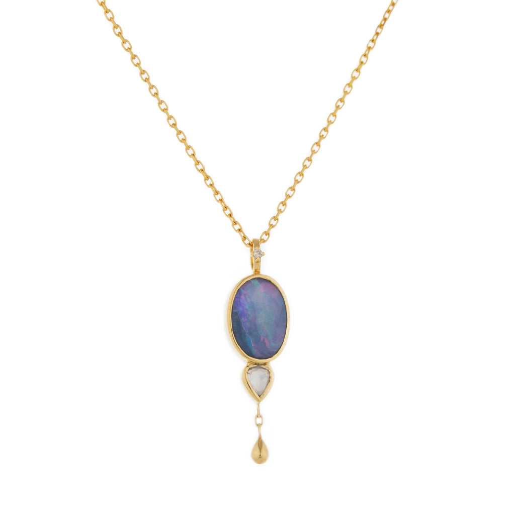 Celine D'aoust gold necklace with opal and diamond, front view