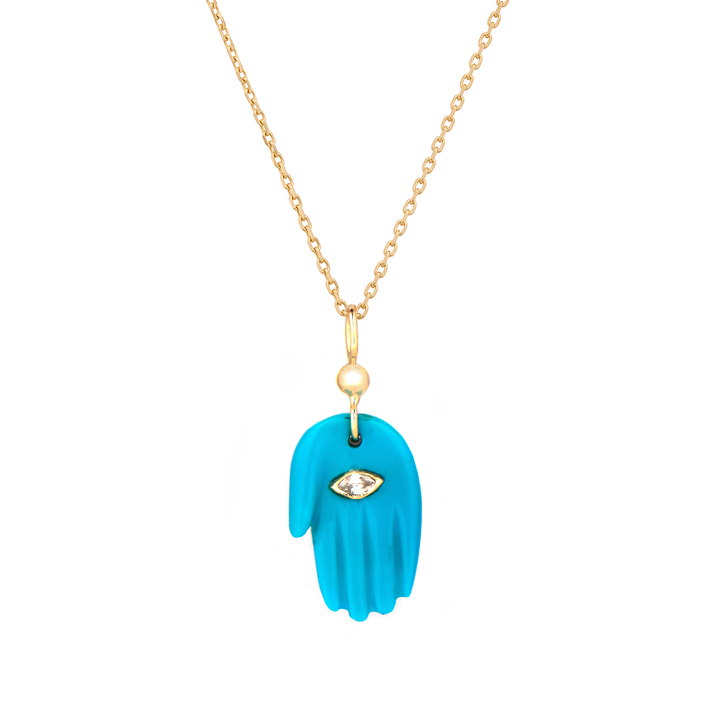 Celine D'aoust gold necklace with turquoise hand and diamonds, front view