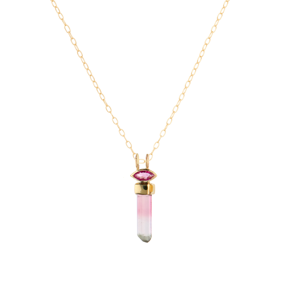 Celine D'aoust gold necklace with pink tourmaline, front view