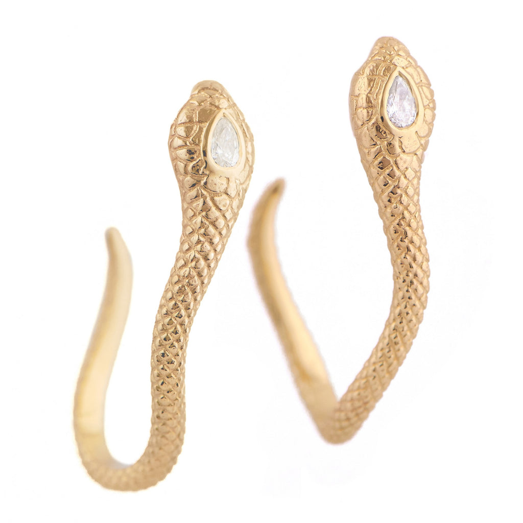 Celine D'aoust gold snake shaped hoop earrings with diamonds, front view