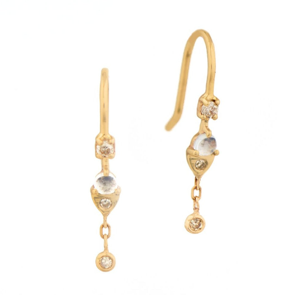 Celine D'aoust gold hook earrings with moonstone and diamonds, front view