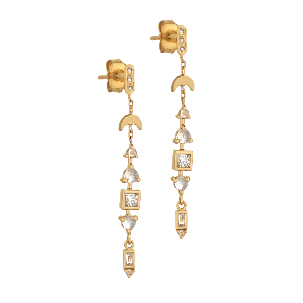 Celine D'aoust long gold drop stud earrings with moonstone and diamonds, front view