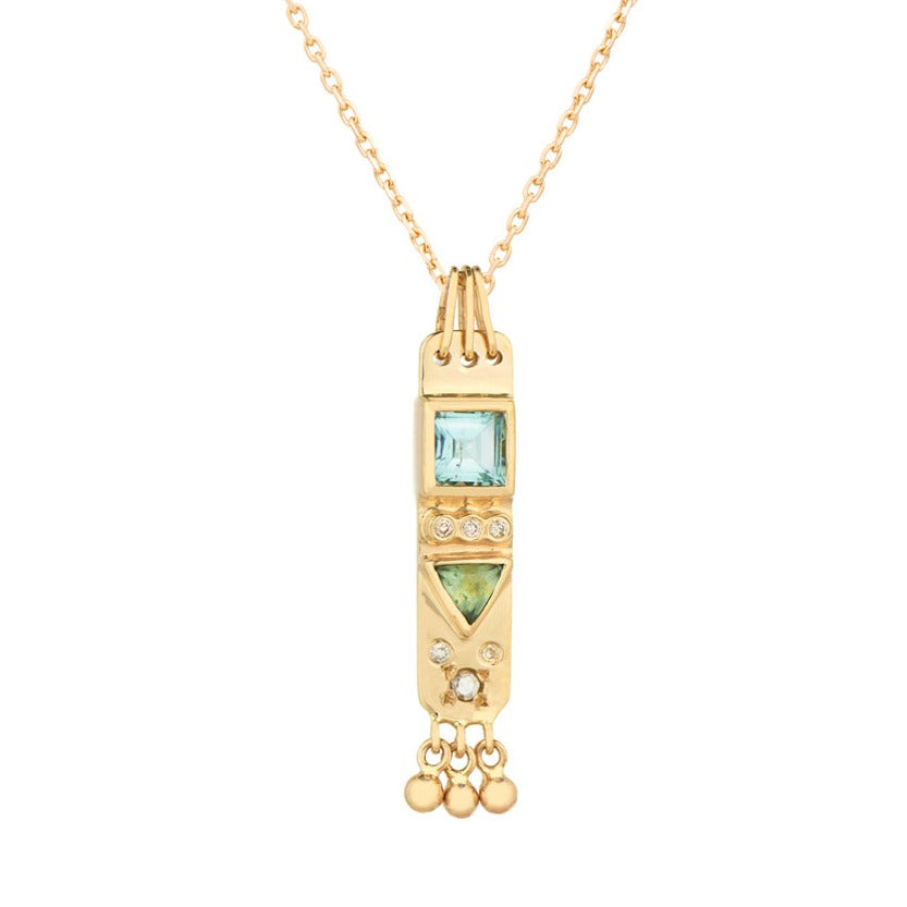 Celine D'aoust gold totem necklace with green tourmalines and diamonds, front view