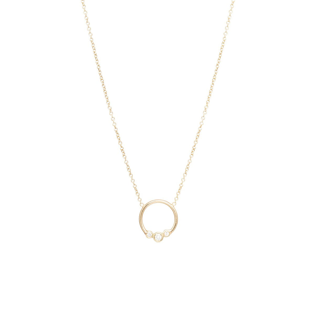 Zoe Chicco gold circle necklace with 3 diamonds, front view