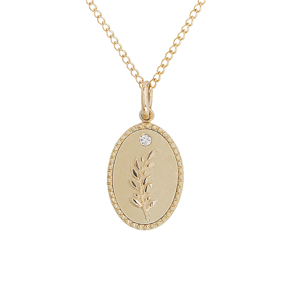 Zahava gold necklace with olive branch pendant and diamond, front view