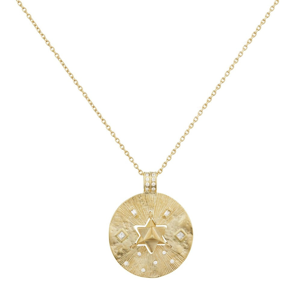Celine D'aoust gold necklace with star pendant and diamonds, front view