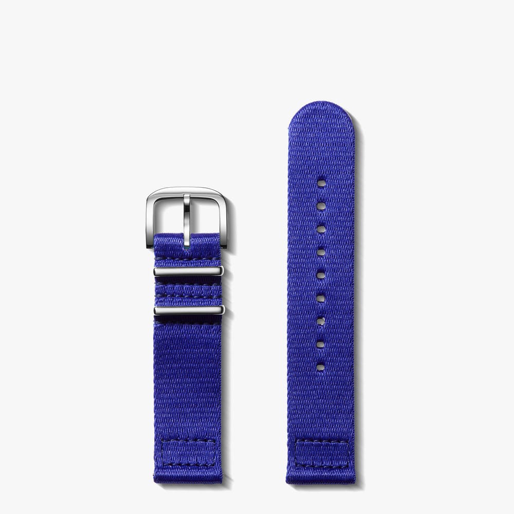 Shinola blue nylon watch strap with sterling silver buckle, front view