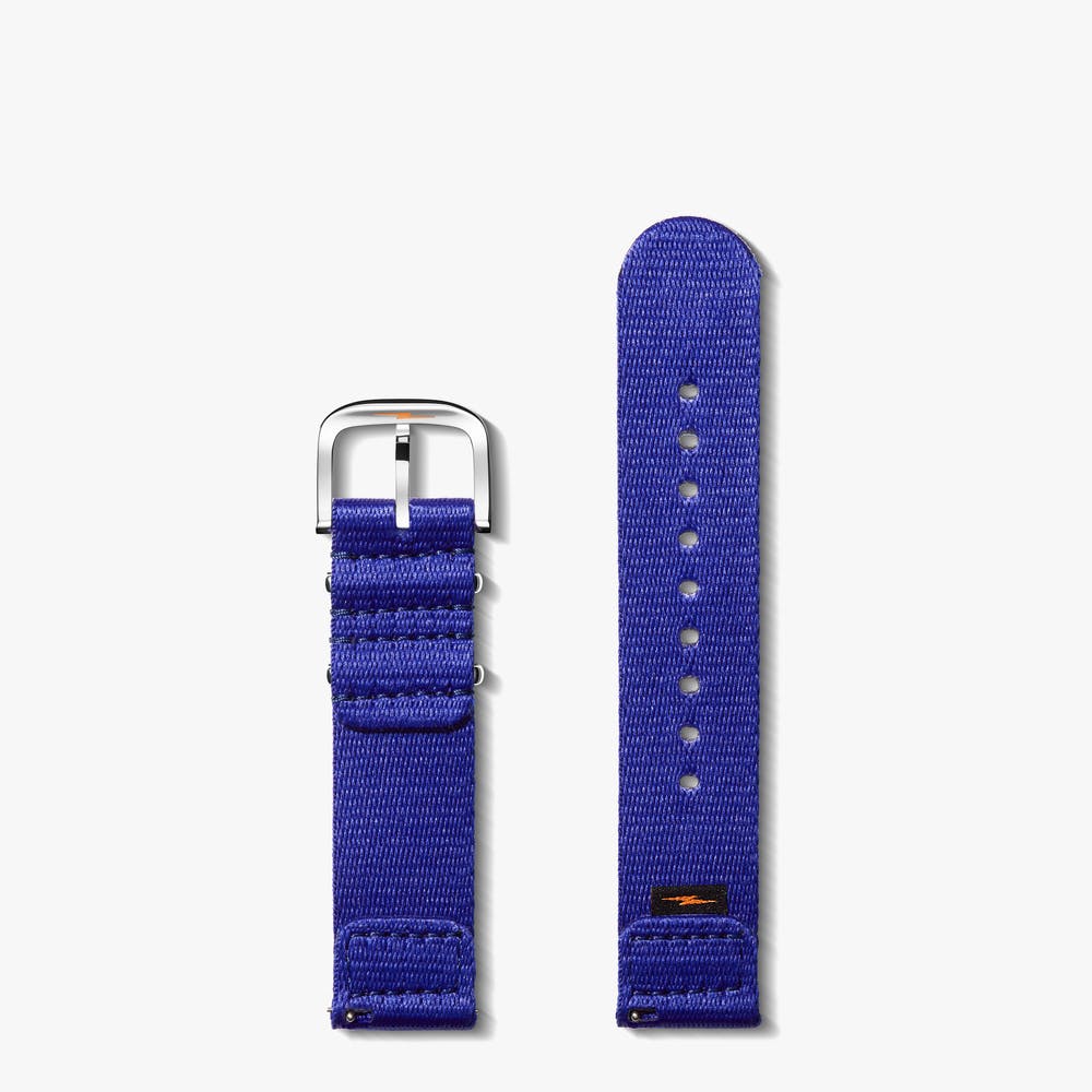 Shinola blue nylon watch strap with sterling silver buckle, back view
