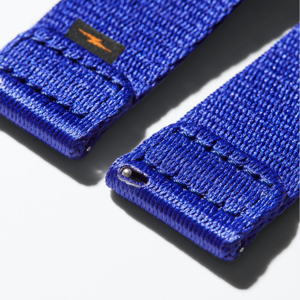 Shinola blue nylon watch strap attachment, close up view 