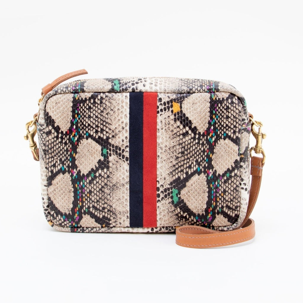 Clare V. leather snake print purse with stripes, front view