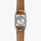 Shinola silver watch with brown leather strap, front view