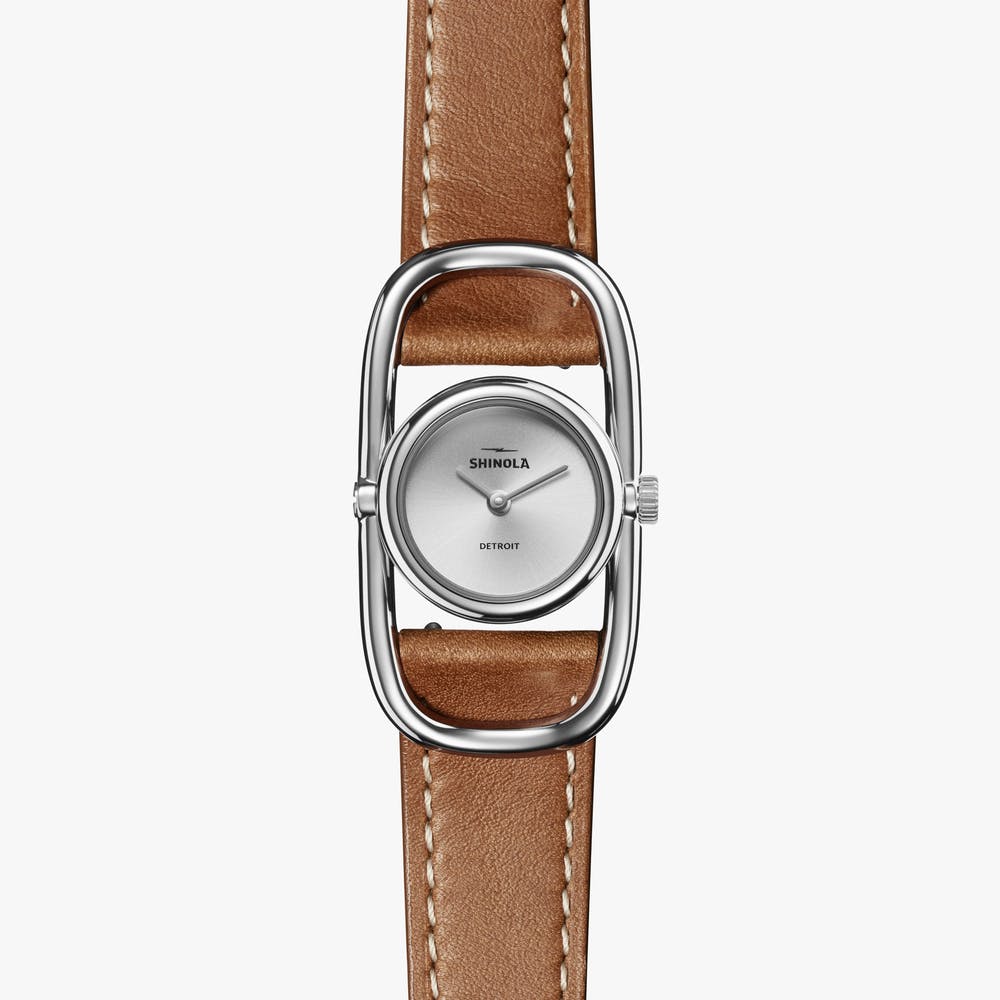 Shinola silver watch with brown leather strap, front view