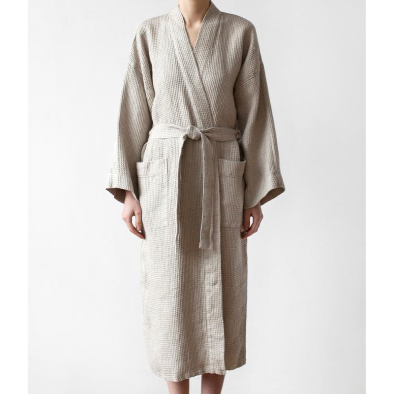 Linen Tales beige robe on model, front view