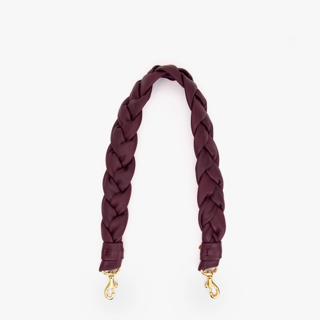 Clare V. purple braided leather purse strap with gold clasps, front view