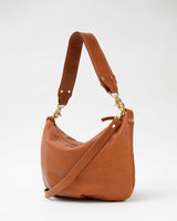 Clare V. tan leather messenger purse, angled front view