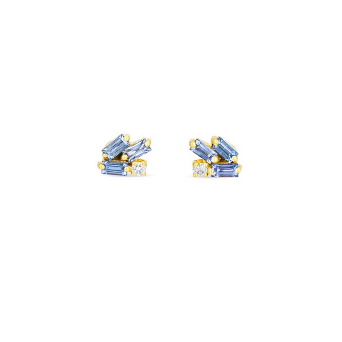 Suzanne Kalan gold stud earrings with blue sapphire and diamond, front view