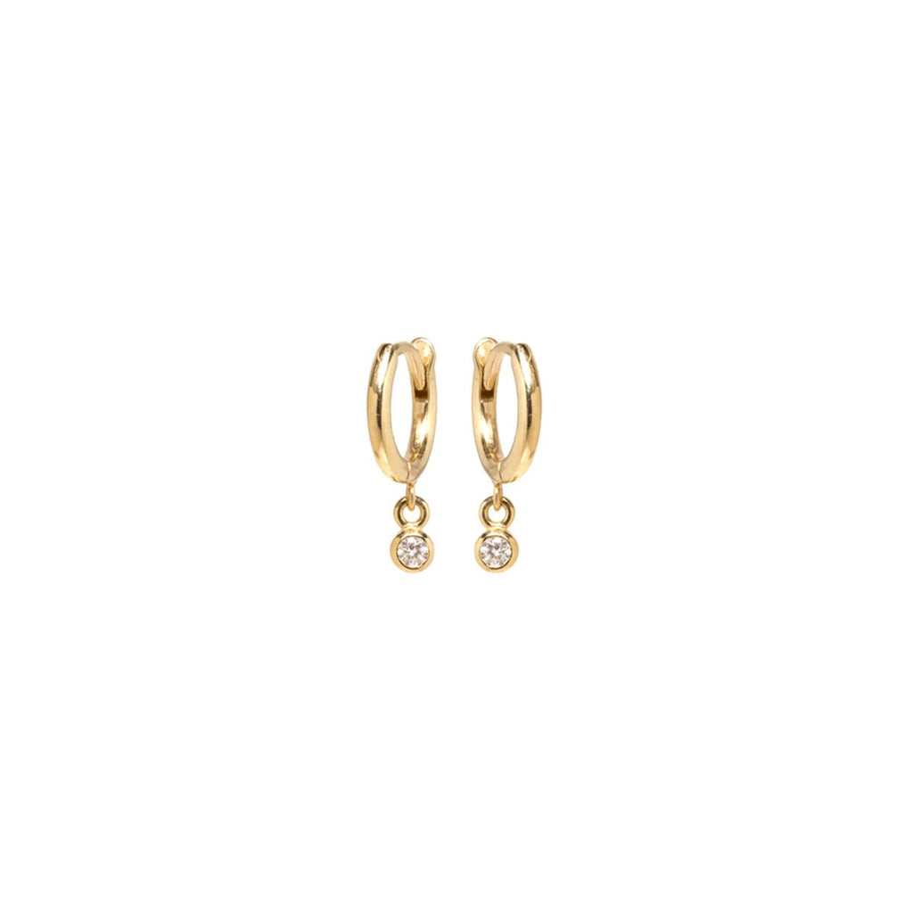 Zoe Chicco small gold hoops with dangling diamonds, front view