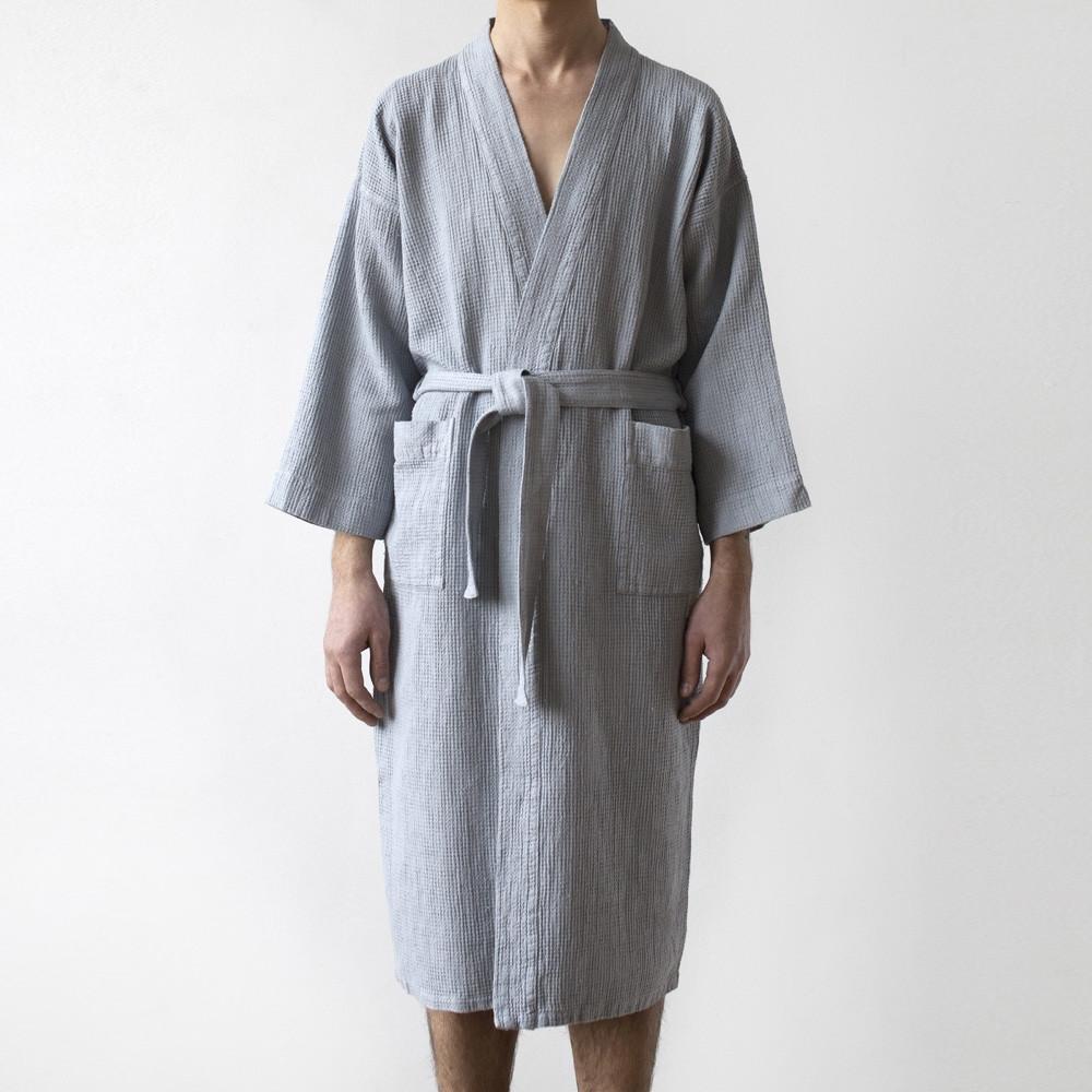 Linen Tales light gray robe on model, front view