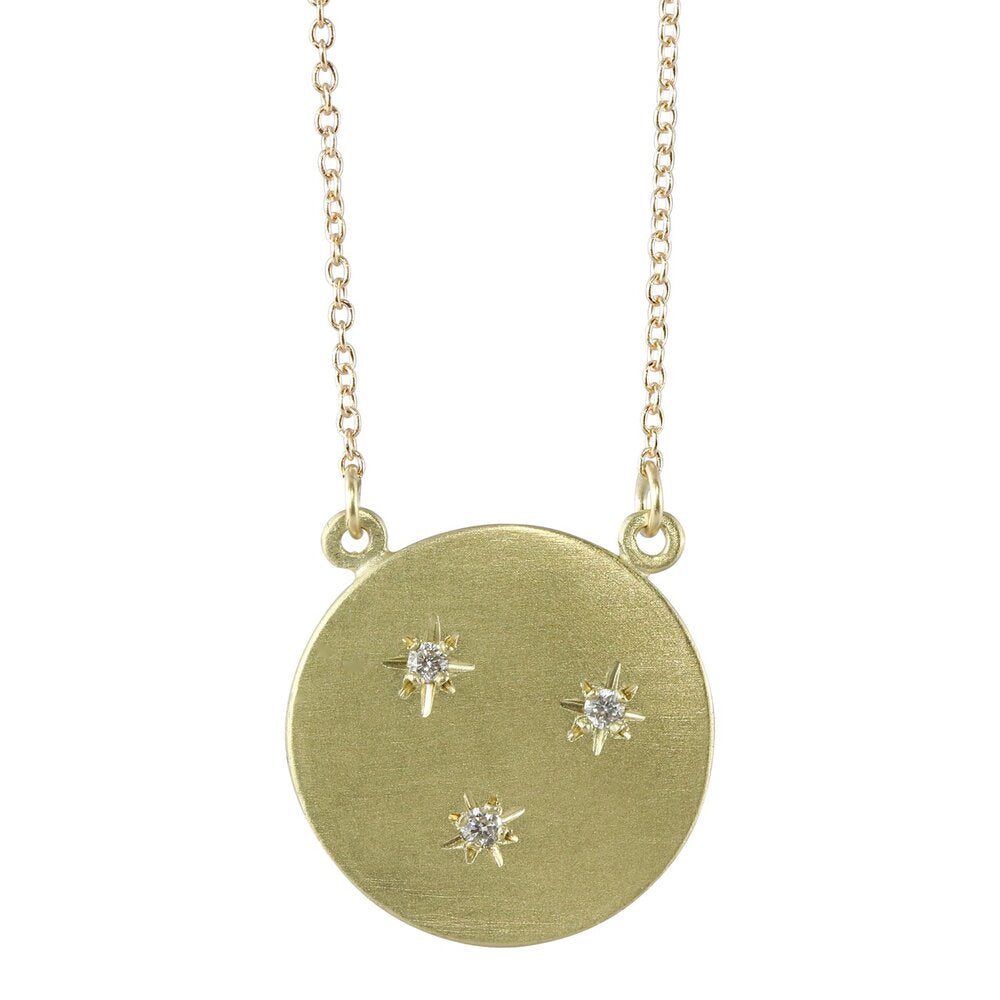 Sarah Swell gold circle necklace with 3 star diamonds, front view