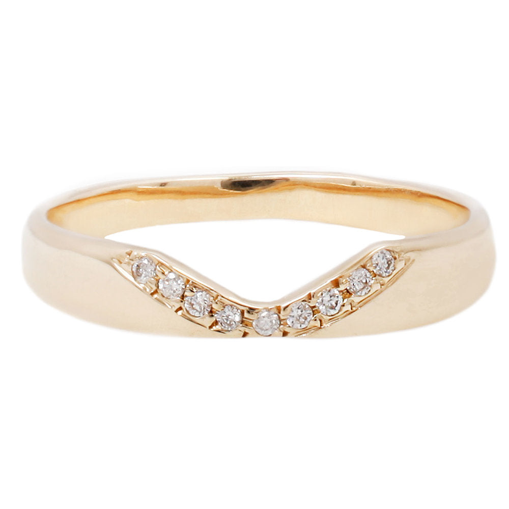 Adeline gold band with curved front and diamonds, front view