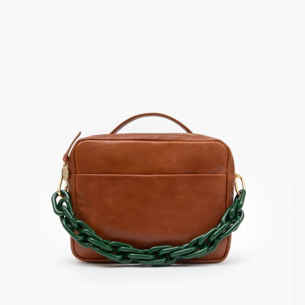 Clare V. green resin chain purse strap on bag, front view