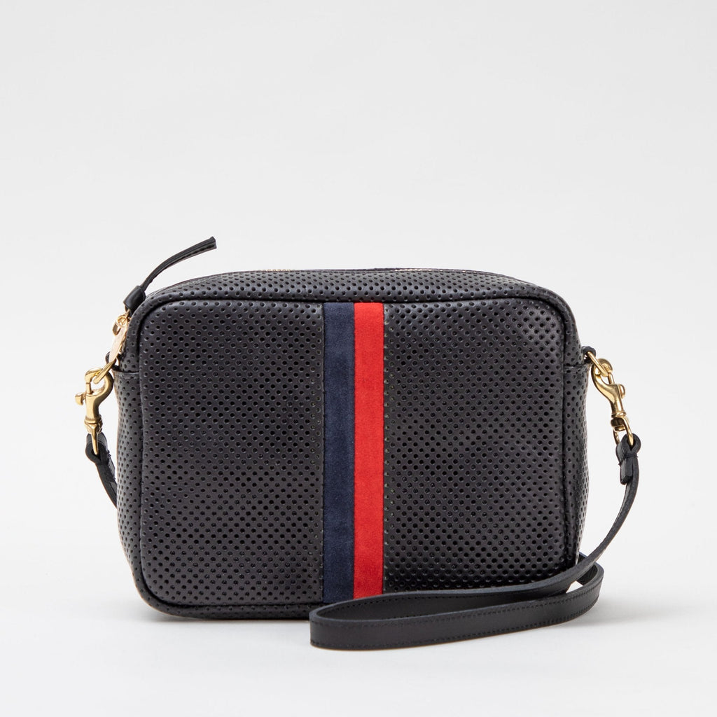 Clare V. black leather purse with stripes, front view