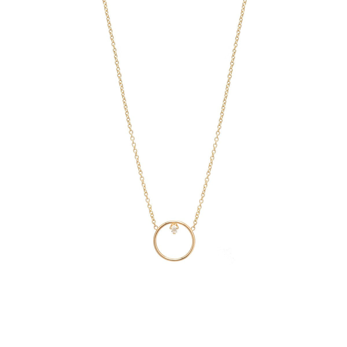 Zoe Chicco gold necklace with circle pendant and diamond, front view