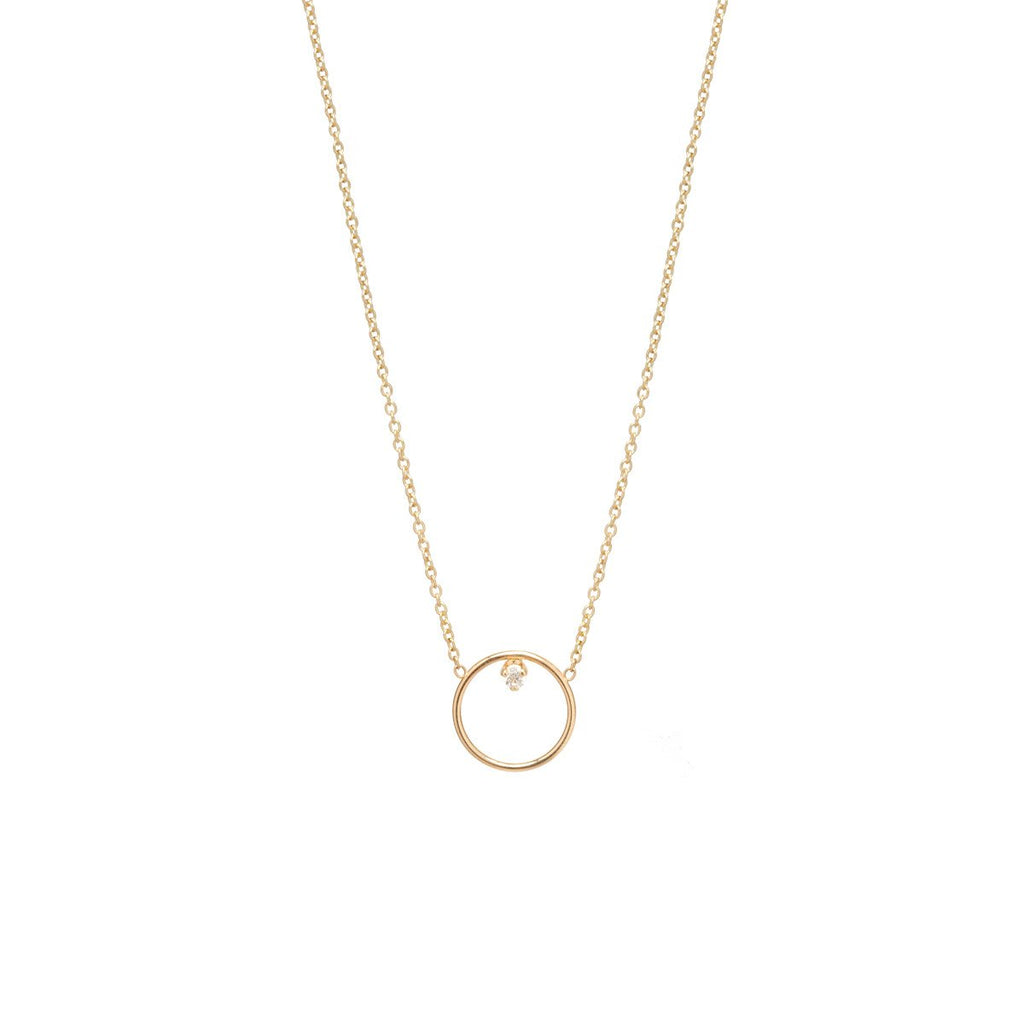 Zoe Chicco gold necklace with circle pendant and diamond, front view