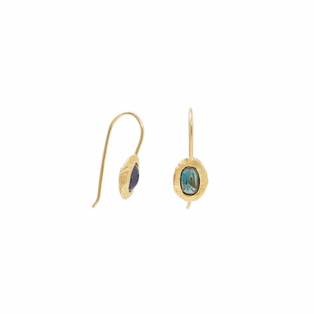 Page Sargisson gold fixed drop earrings with teal sapphire, front view