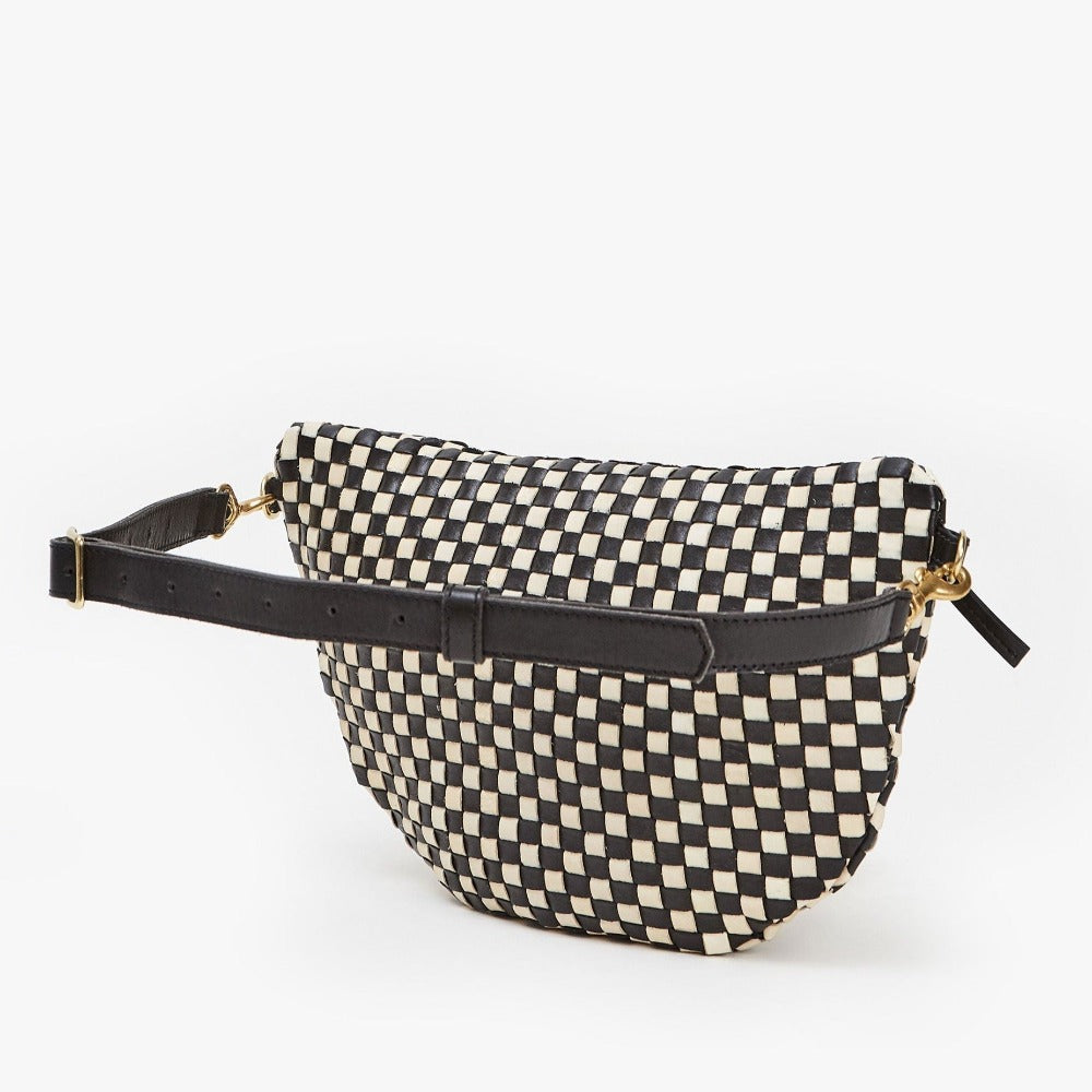 Clare V. black and white woven leather fanny pack, back view