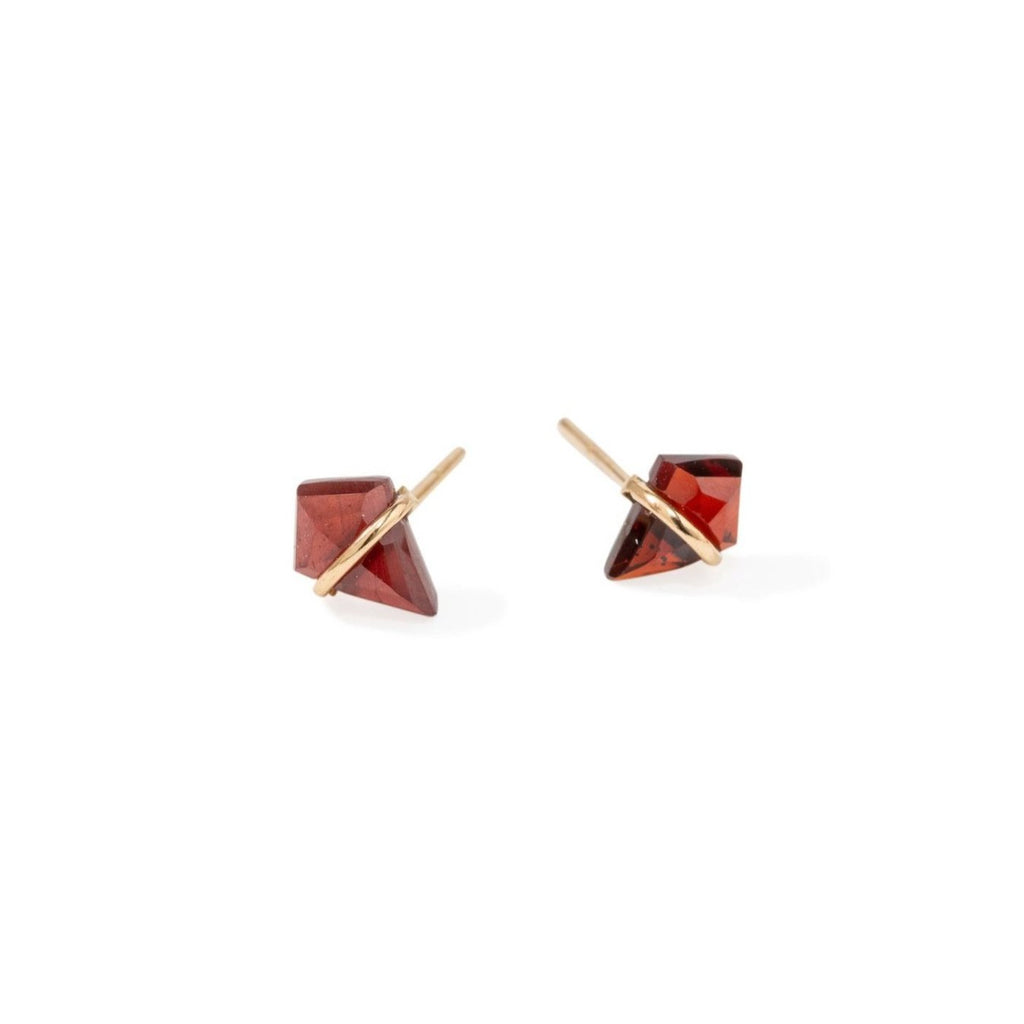 Page Sargisson garnet stud earrings with gold, front view