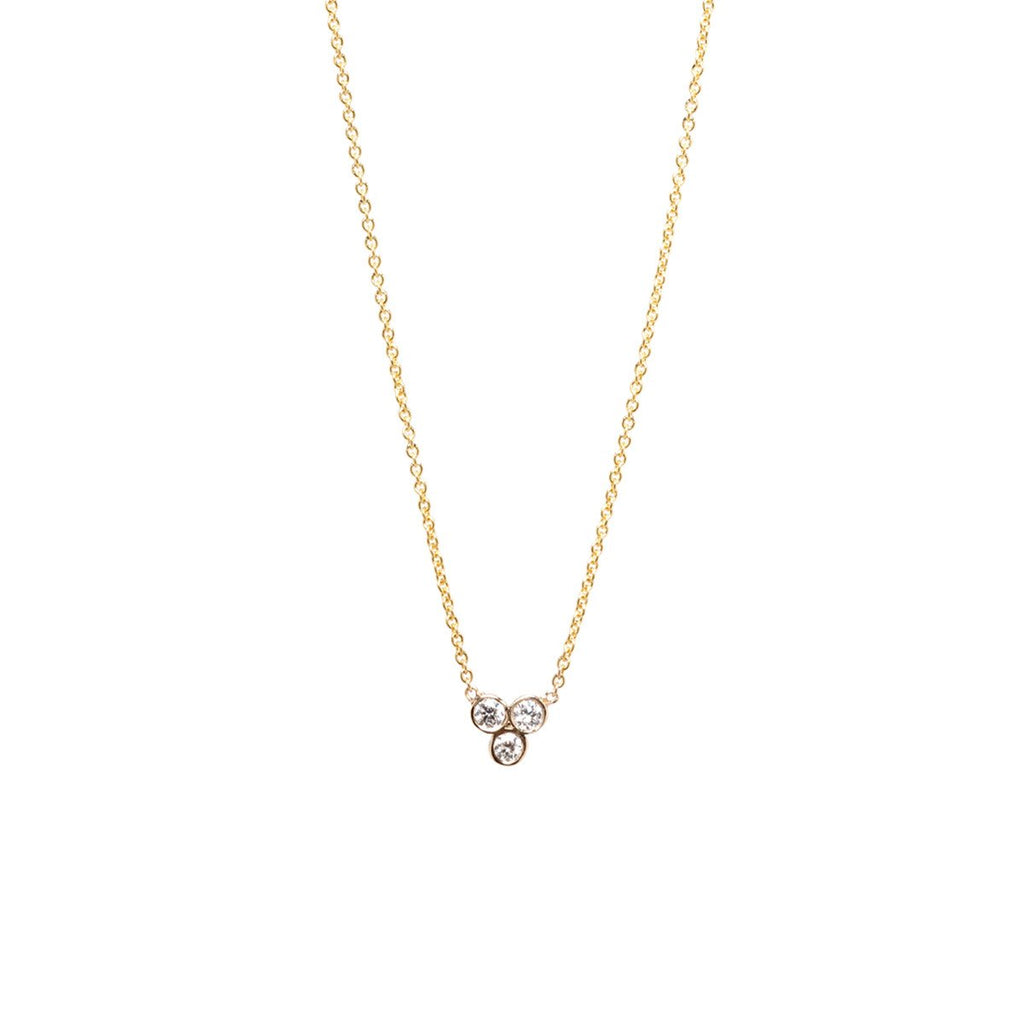 Zoe Chicco gold necklace with diamond trio, front view