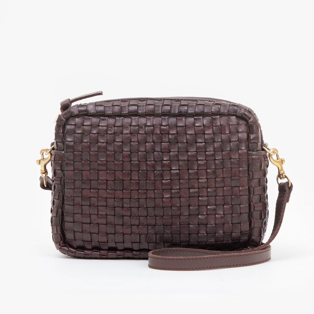 Clare V. brown woven leather purse, front view