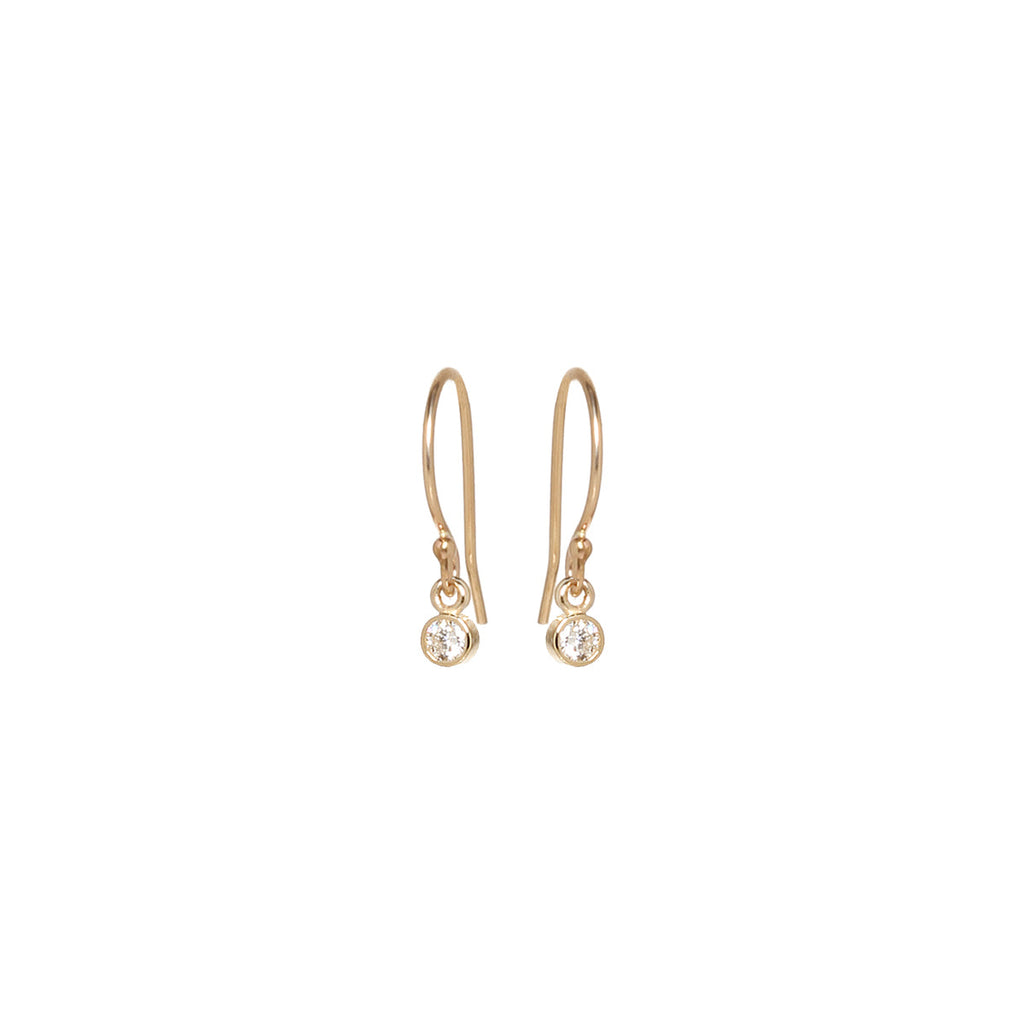 Zoe Chicco gold hook earrings with diamond drop, front view