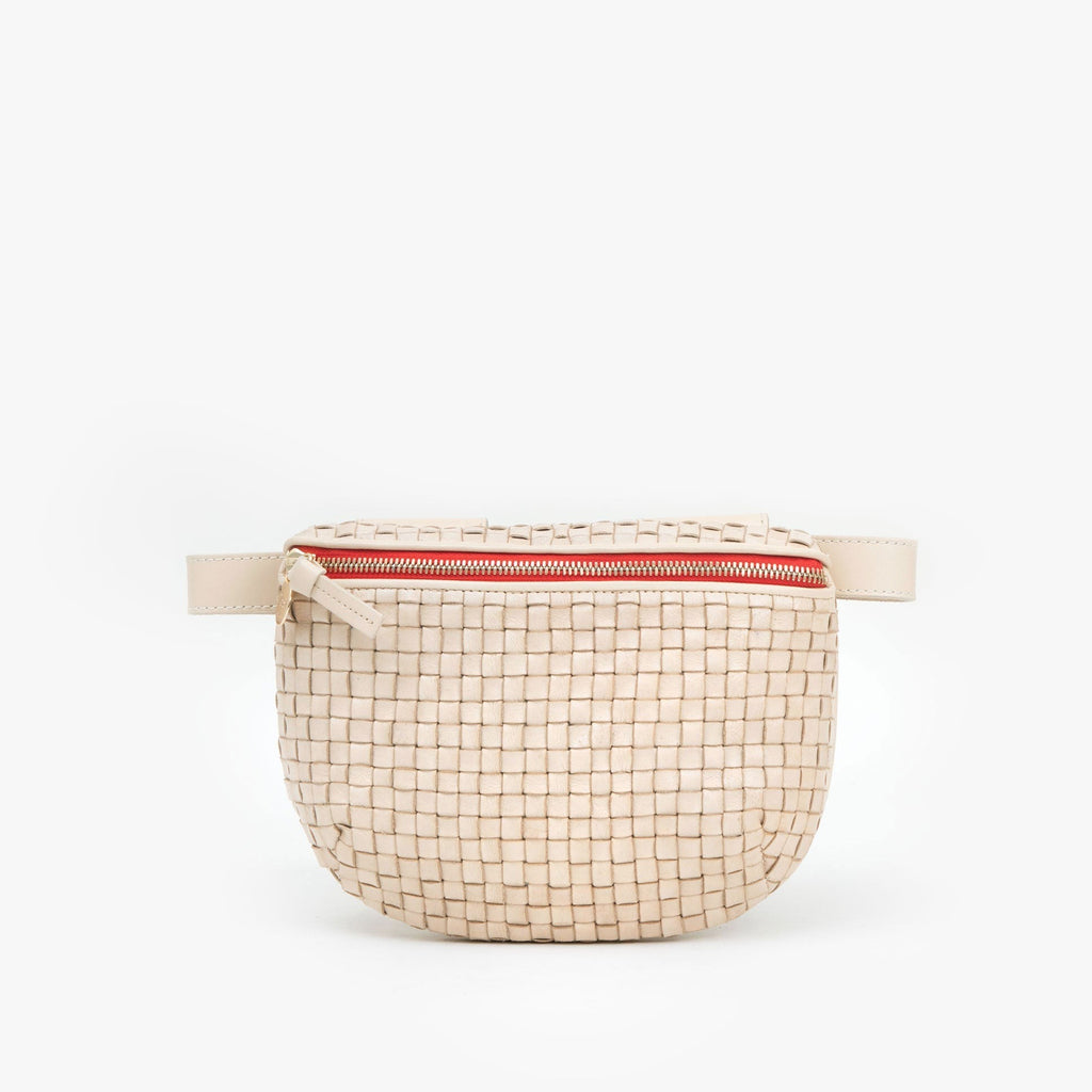 Clare V. cream and red leather woven fanny pack, front view
