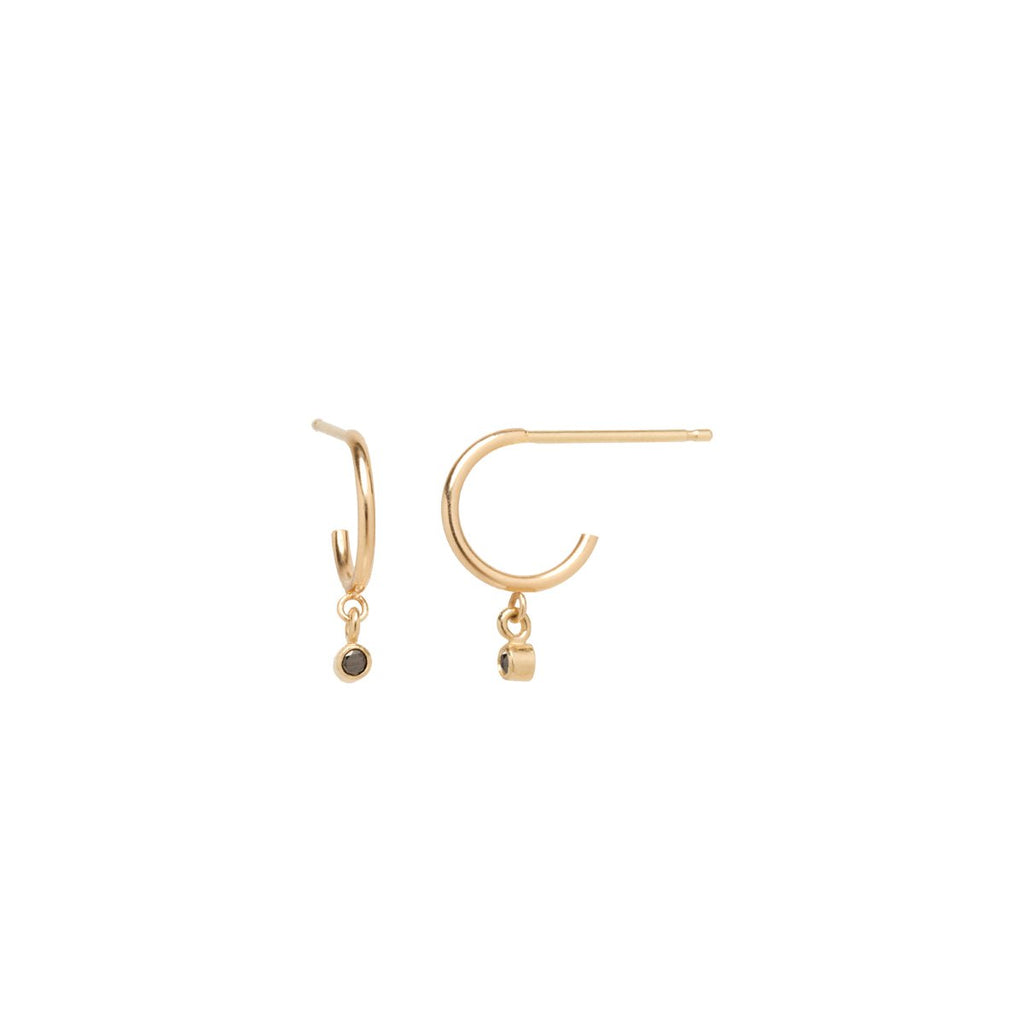 Zoe Chicco small gold hoops with dangling diamonds, front and side view