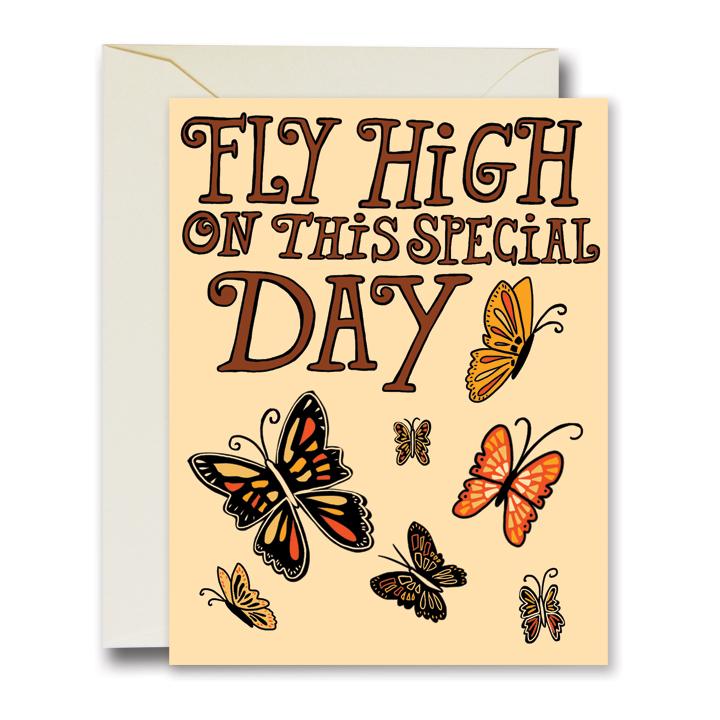 Card with butterfly illustrations, text reading "Fly high on this special day", front view